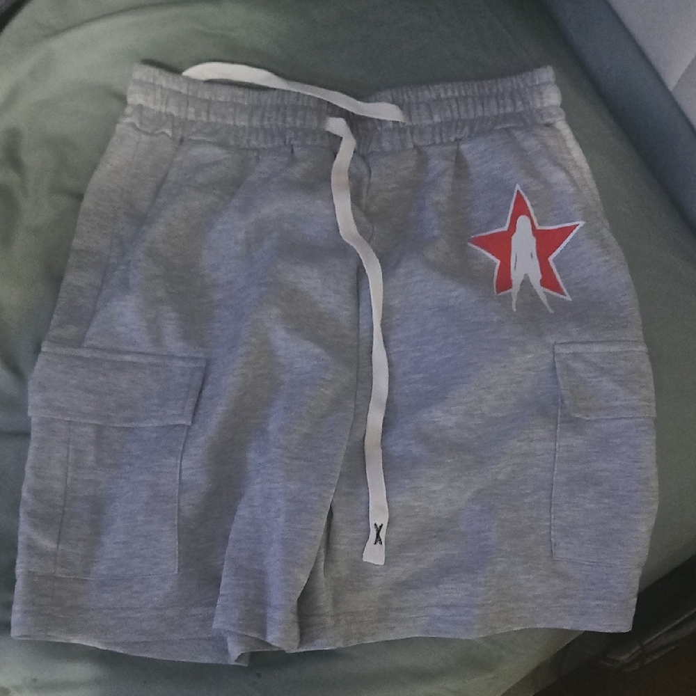 Gray and Red Cargo Shorts with Star Emblem